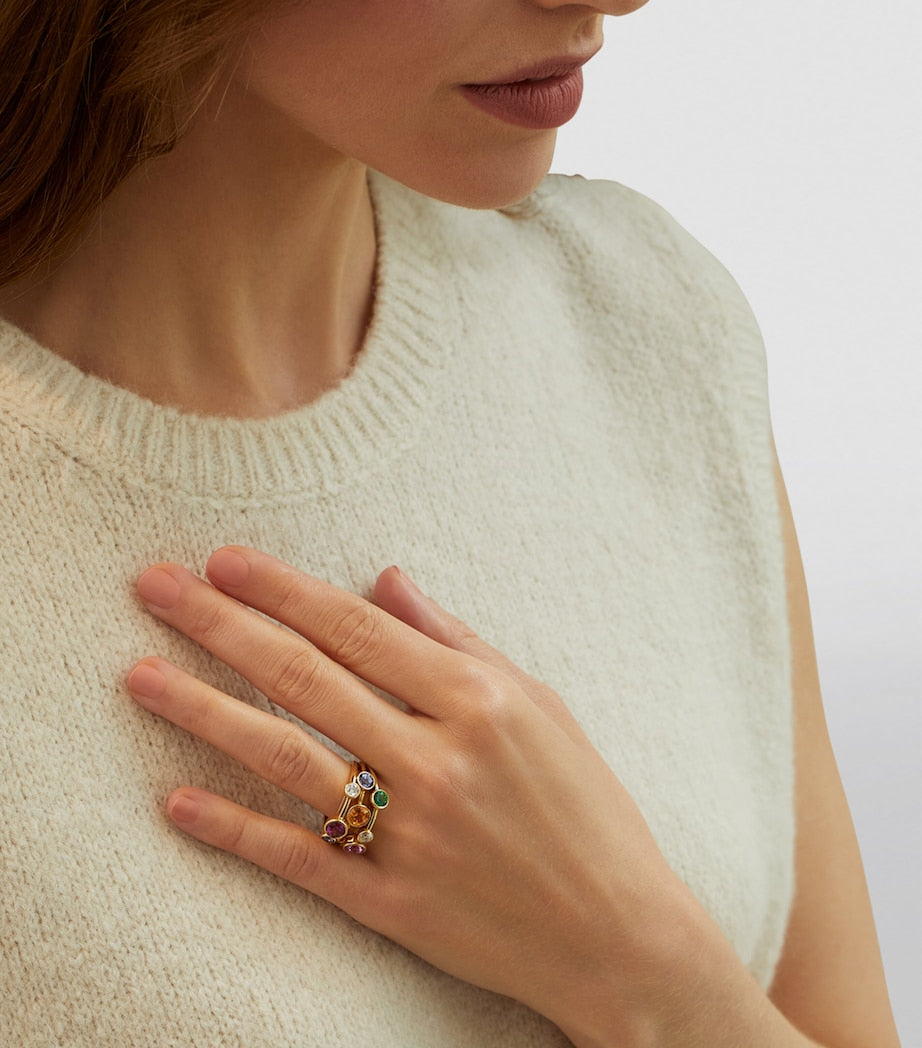 Boodles Raindance ring with multicoloured gemstones, imported from the UK