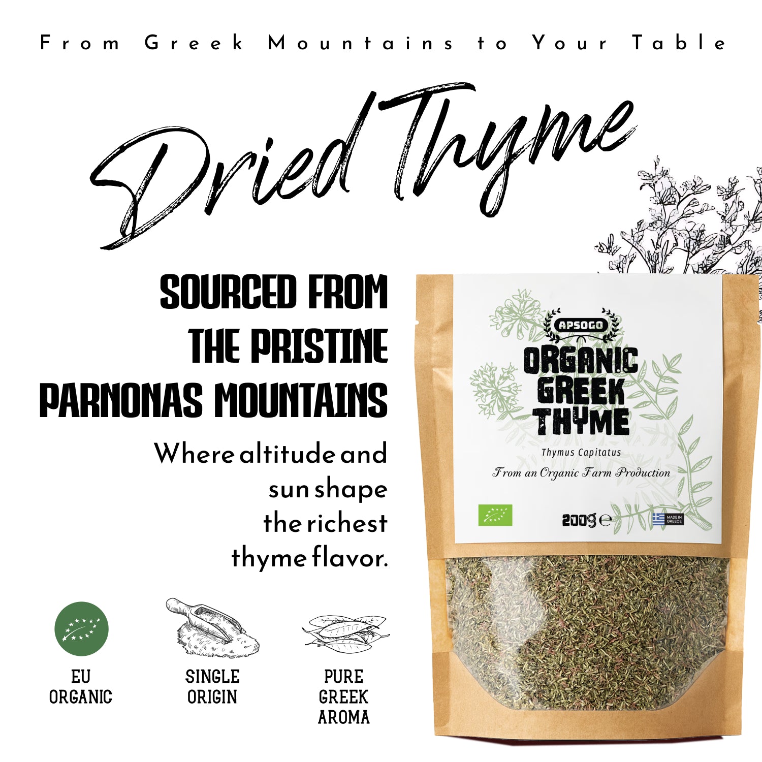 APSOGO organic dried thyme 200g (British brand)