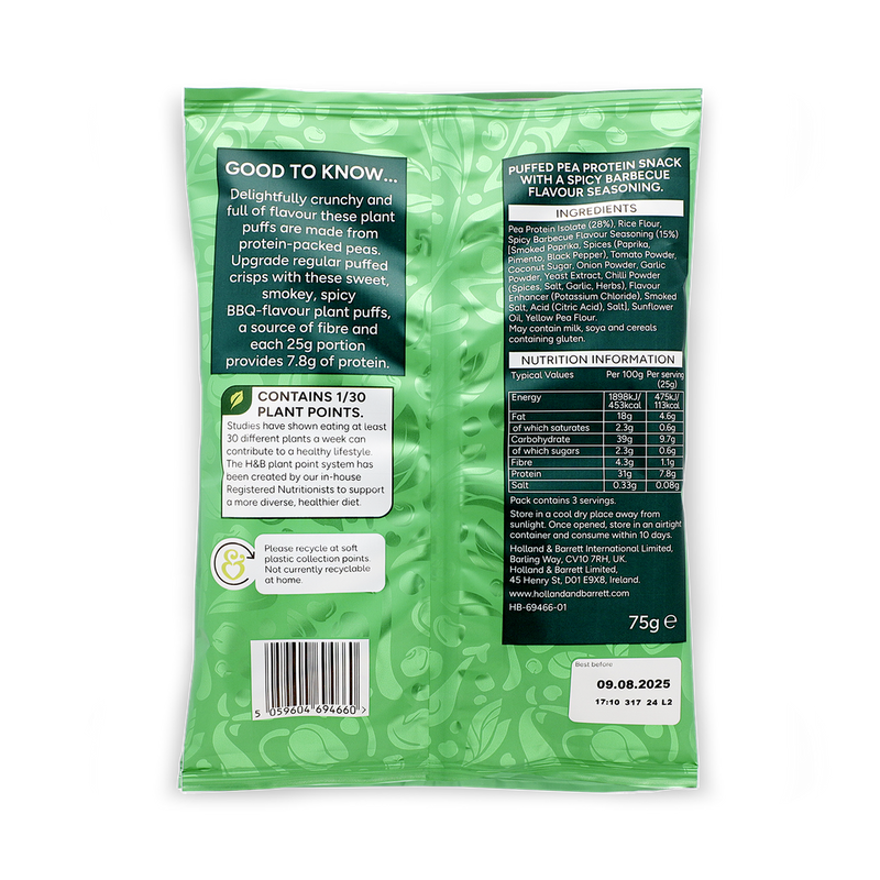 Holland Barrett High Protein BBQ Plant Puff Crisps 75g