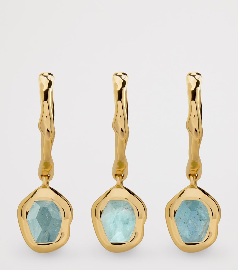 Monica Vinader gold vermeil aquamarine Odyssey huggie earrings, imported from the UK