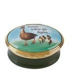 Halcyon Days enamel box with duck motif and family inscription, UK version