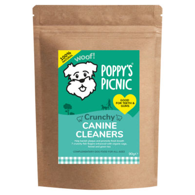 Poppy's Picnic Crunchy Canine Cleaners 90g dog dental chews, imported from the UK
