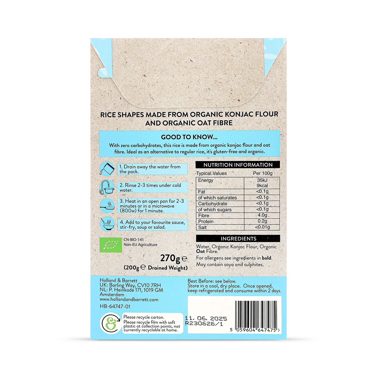 Holland & Barrett Zero Carb Rice Alternative 270g pack, UK version