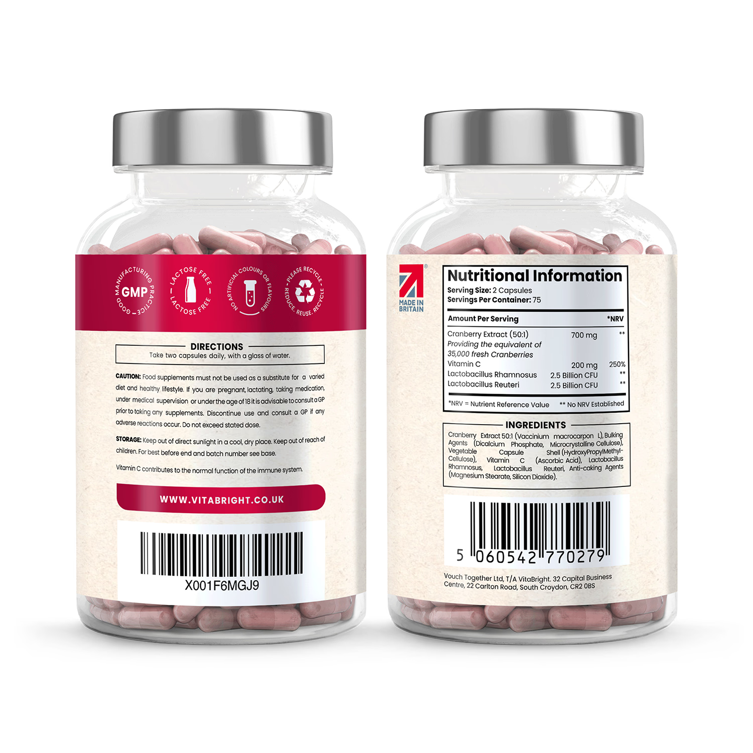 VitaBright cranberry probiotic complex 150 capsules, imported from the UK