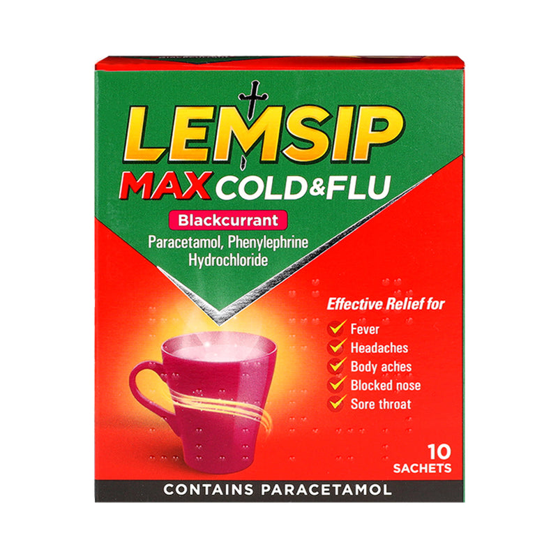 Lemsip Max Cold & Flu Blackcurrant sachets 10 pack, UK version