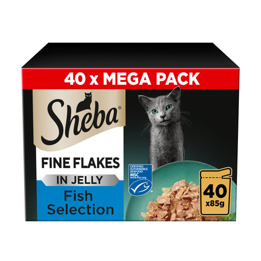 Sheba Fine Flakes Cat Food Pouches Fish In Jelly Mega Pack 40x85g Cat pouches & trays Sainsburys   