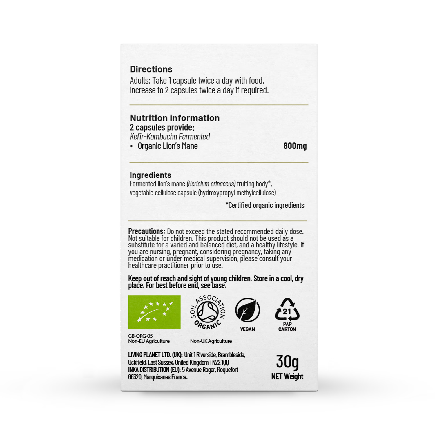 Living Nutrition Lion's Mane 60 Capsules, imported from the UK