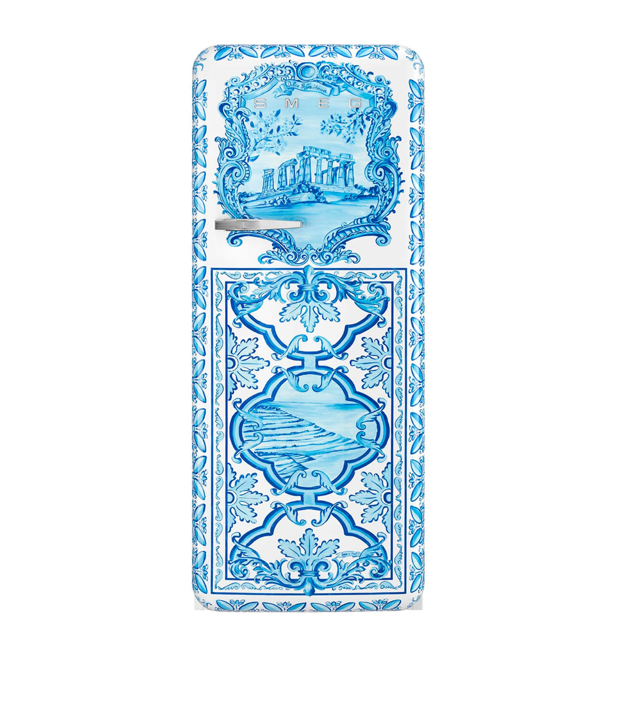 Smeg and Dolce Gabbana retro Maiolica fridge with Greek temple design (British brand)