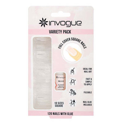 Invogue DIY Square Nails Klar, abgestufte Größen, Packung mit 120 Stück