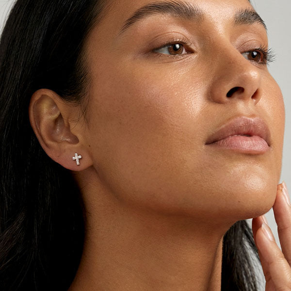 MUCHV Sparkling Cross Stud Earrings in 18k Gold or Silver