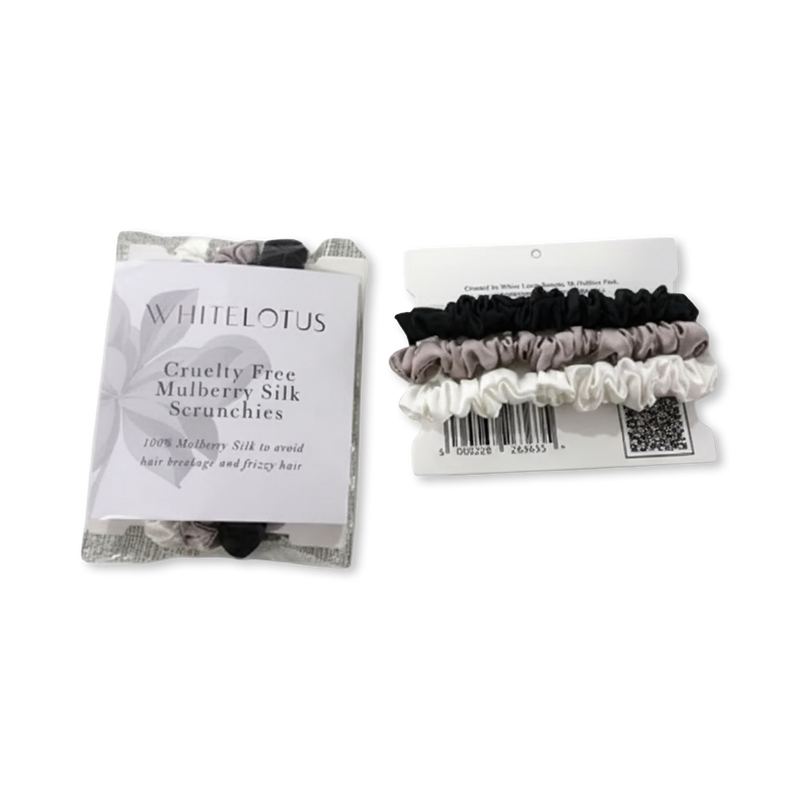 White Lotus Beauty mulberry silk scrunchies 3-pack, UK version