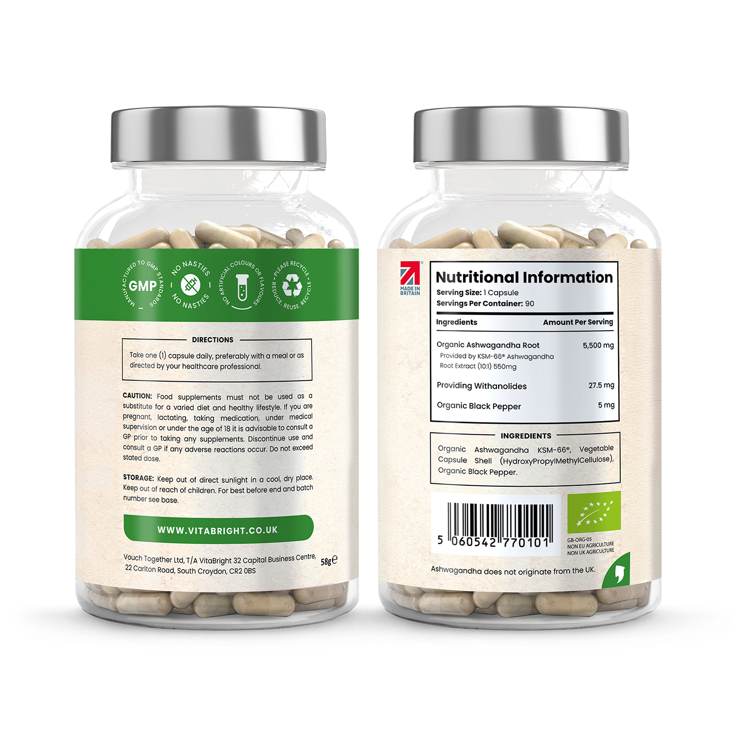 VitaBright Ashwagandha KSM-66 supplement 90 capsules - British product