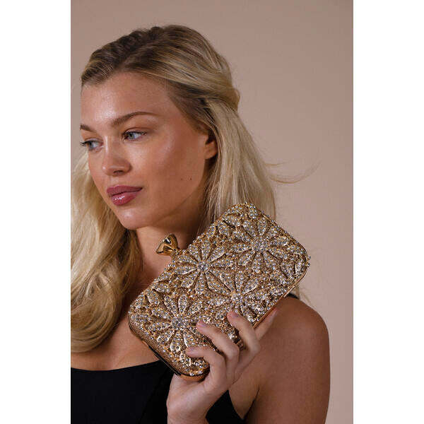 SVNX Daisy Embellished Clutch Bag gold, imported from the UK