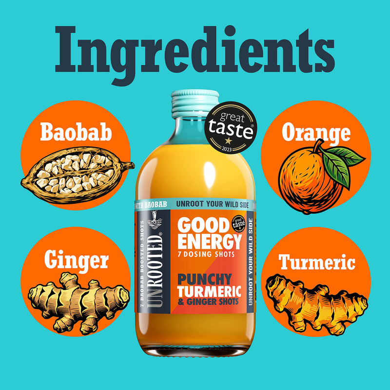 Unrooted energy dosing bottle Punchy Turmeric & Ginger 420ml, imported from the UK