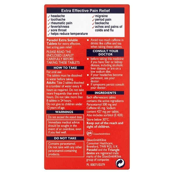 Panadol Paracetamol Caffeine Pain Relief Tablets 500mg GOODS Superdrug   