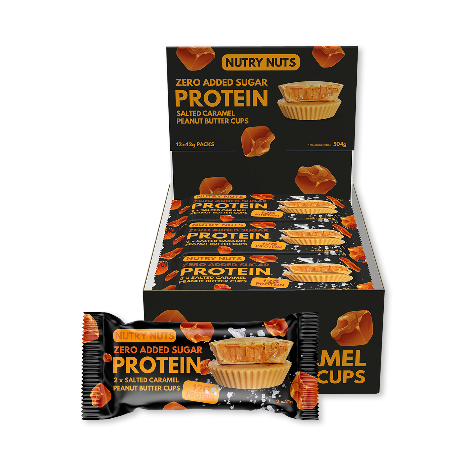 Nutry Nuts salted caramel protein cups 12 pack, imported from the UK