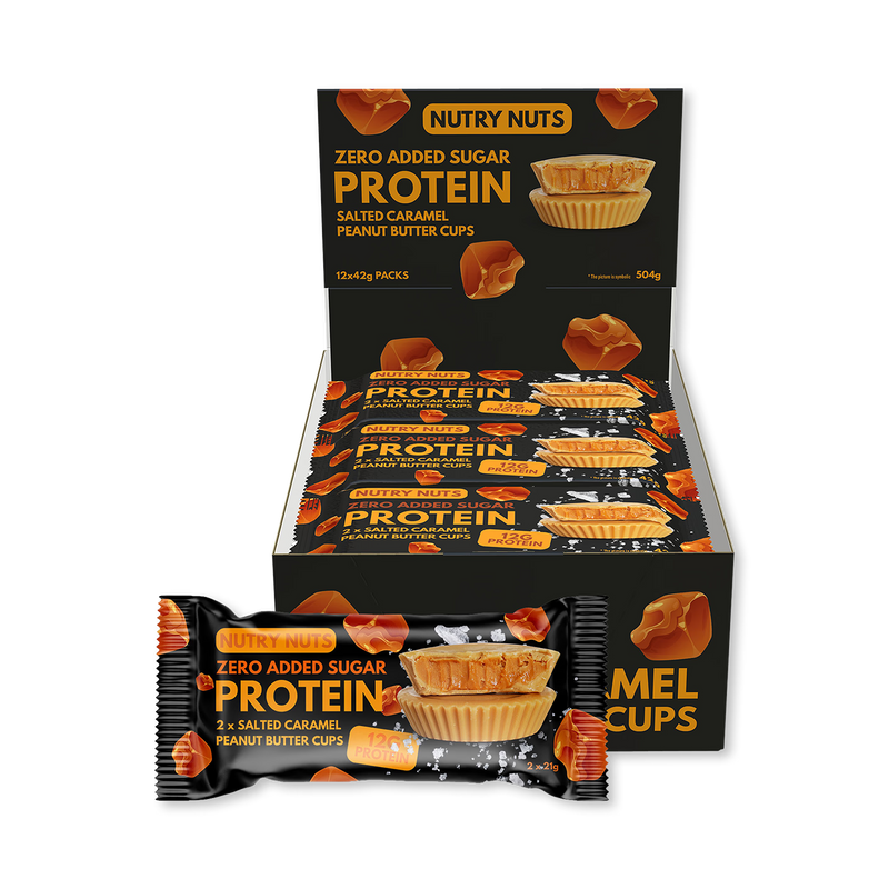 Nutry Nuts salted caramel protein cups 12 pack, imported from the UK