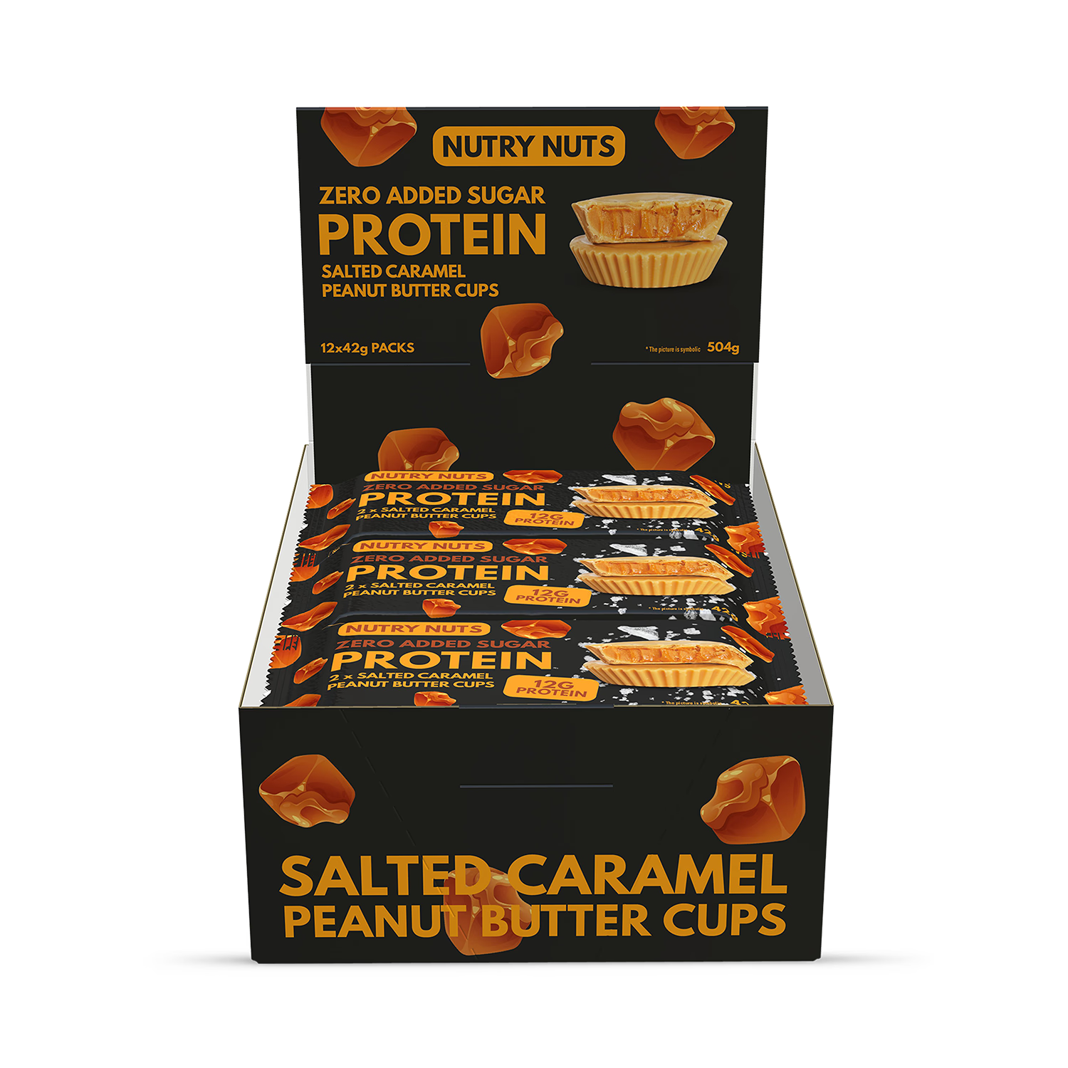 Nutry Nuts salted caramel protein cups 12 pack, imported from the UK