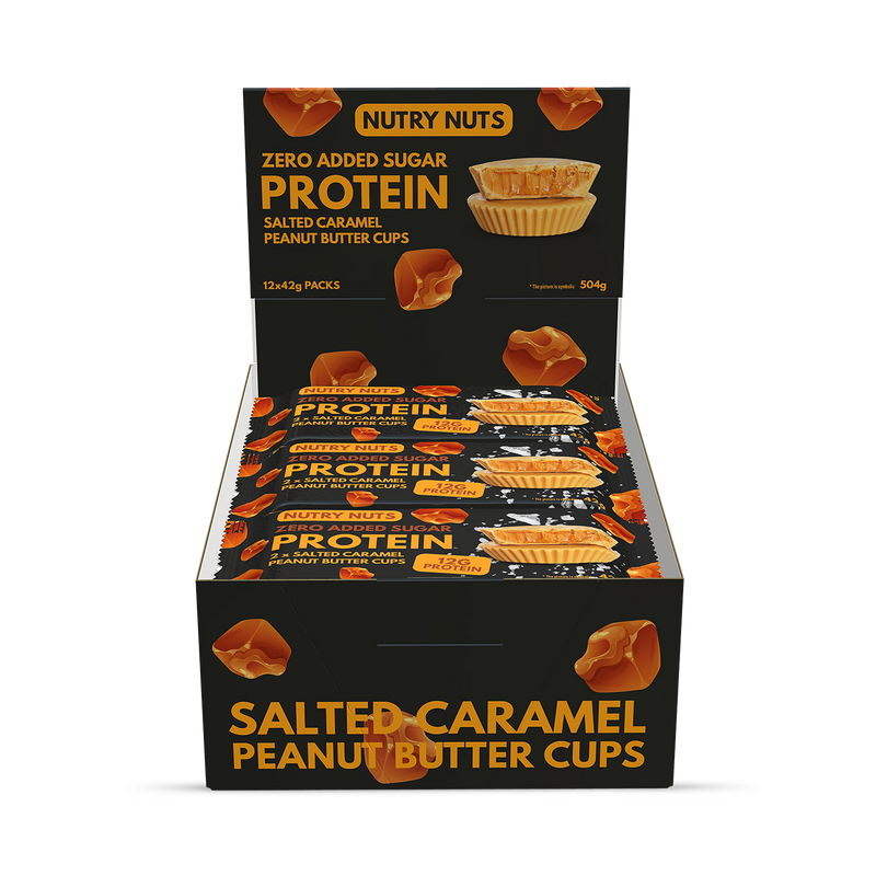 Nutry Nuts salted caramel protein cups 12 pack, imported from the UK