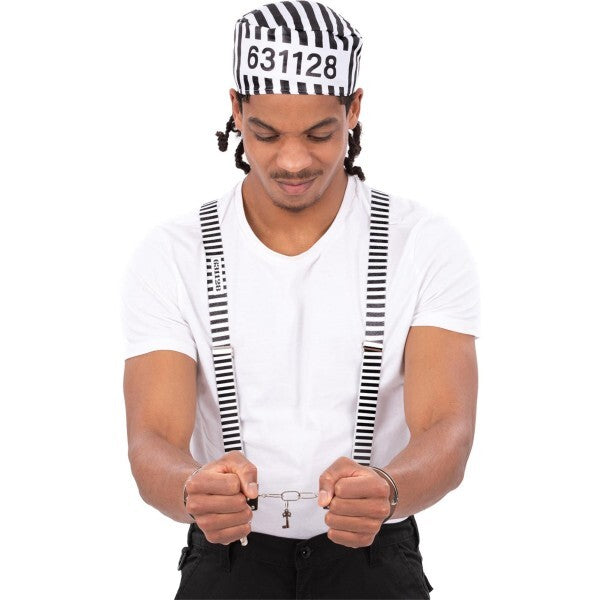 Smiffys striped prisoner costume kit with hat braces and handcuffs, UK version