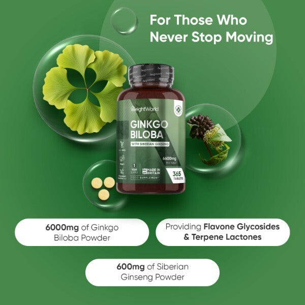 WeightWorld Ginkgo Biloba Ginseng supplement 6600mg 365 tablets, imported from the UK