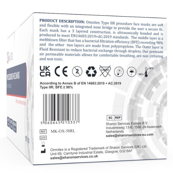 Omnitex surgical face mask 3ply Type IIR 50pk - British product