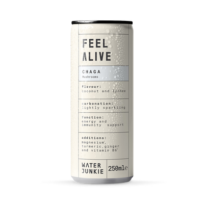 Holland & Barrett Water Junkie Chaga Feel Alive Coconut & Lychee Sparkling Mushroom Drink 250ml- Buy online at McGrocer