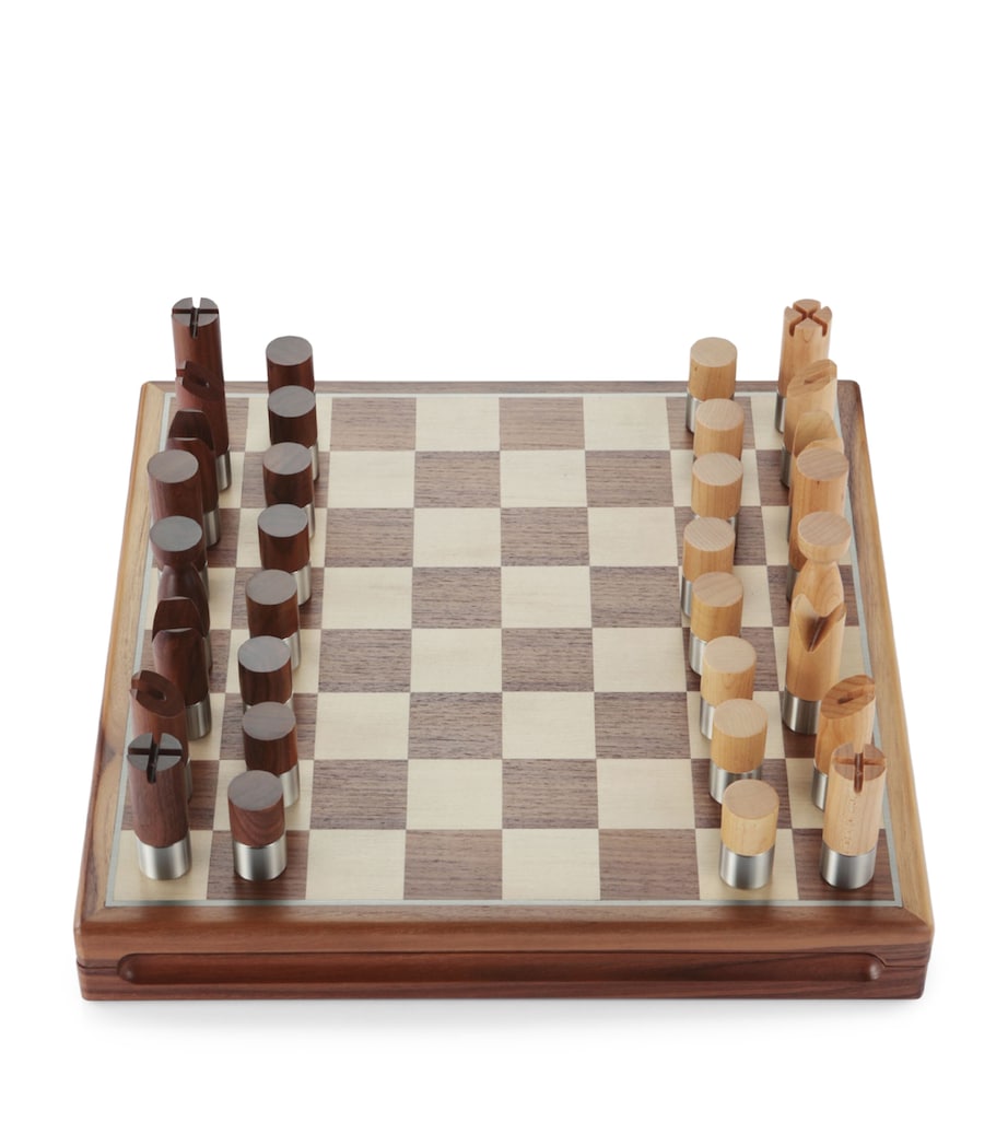 Royal Selangor Modernist chess set in walnut and pewter, UK version