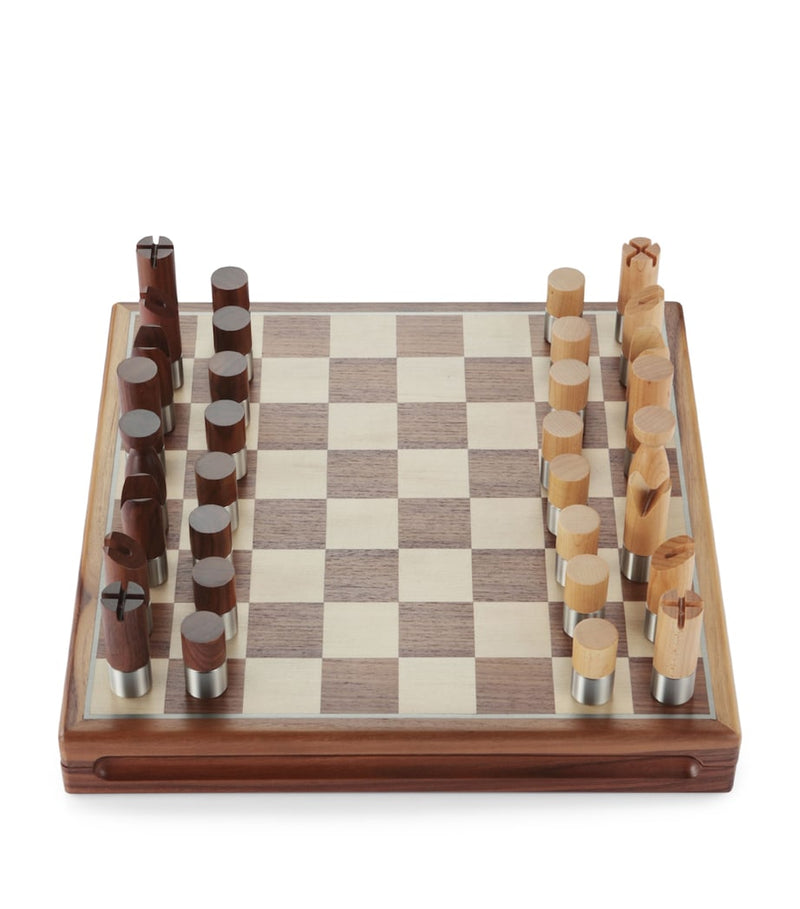 Royal Selangor Modernist chess set in walnut and pewter, UK version