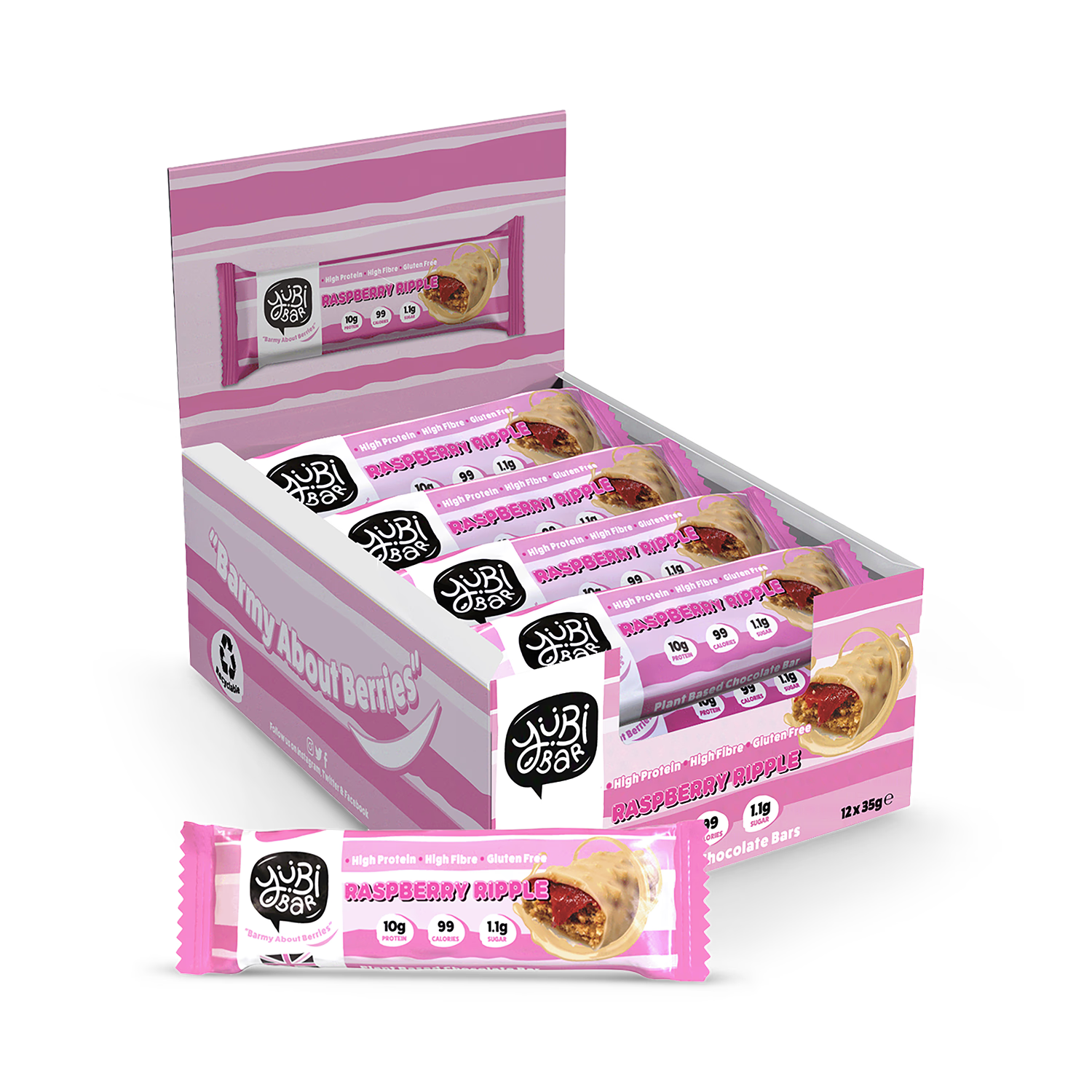 YuBi raspberry ripple protein bar multipack 12x35g, imported from the UK