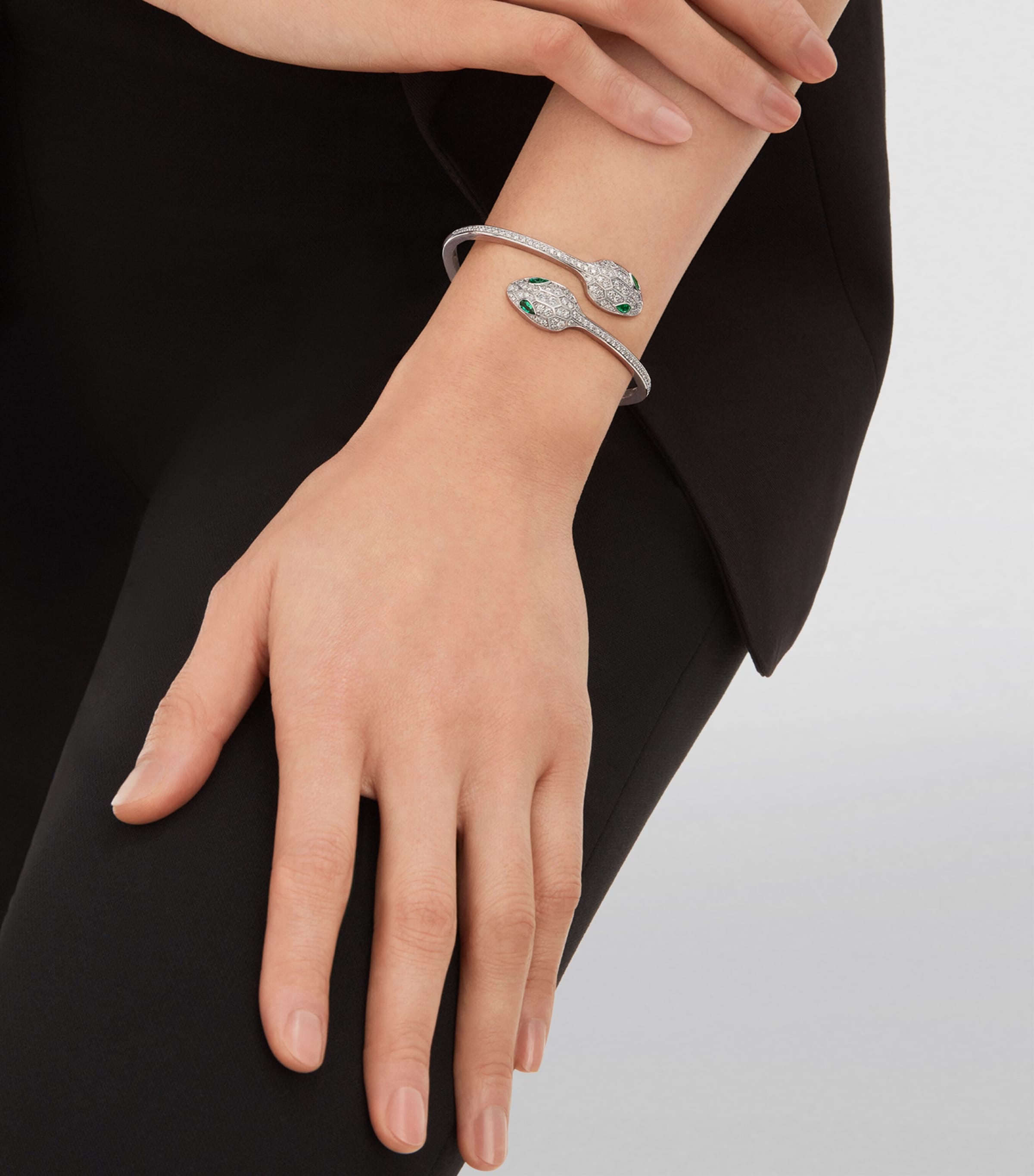Bvlgari Serpenti bangle white gold diamond emerald, imported from the UK