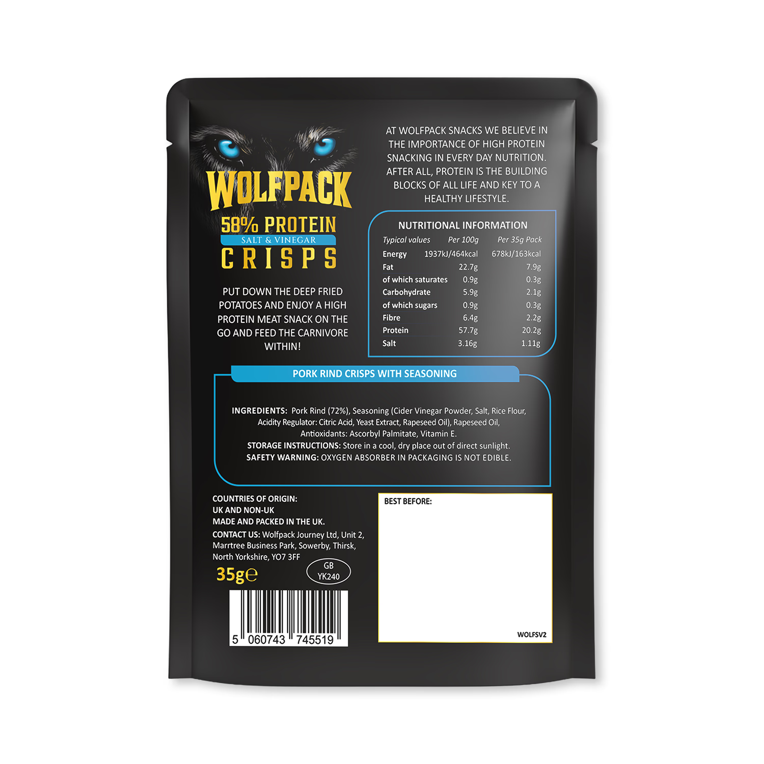 Wolfpack Protein Crisps Salt and Vinegar 12x35g multipack - British product