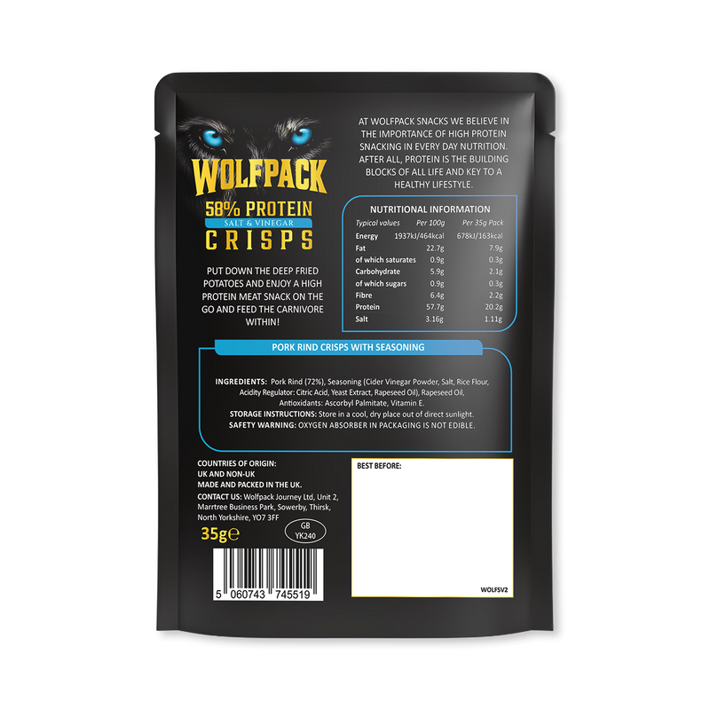 Wolfpack Protein Crisps Salt and Vinegar 12x35g multipack - British product