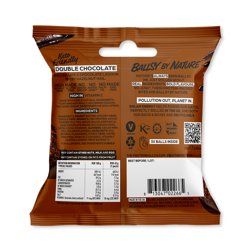 Ballsy Double Chocolate low sugar bar 25g case 20, UK version