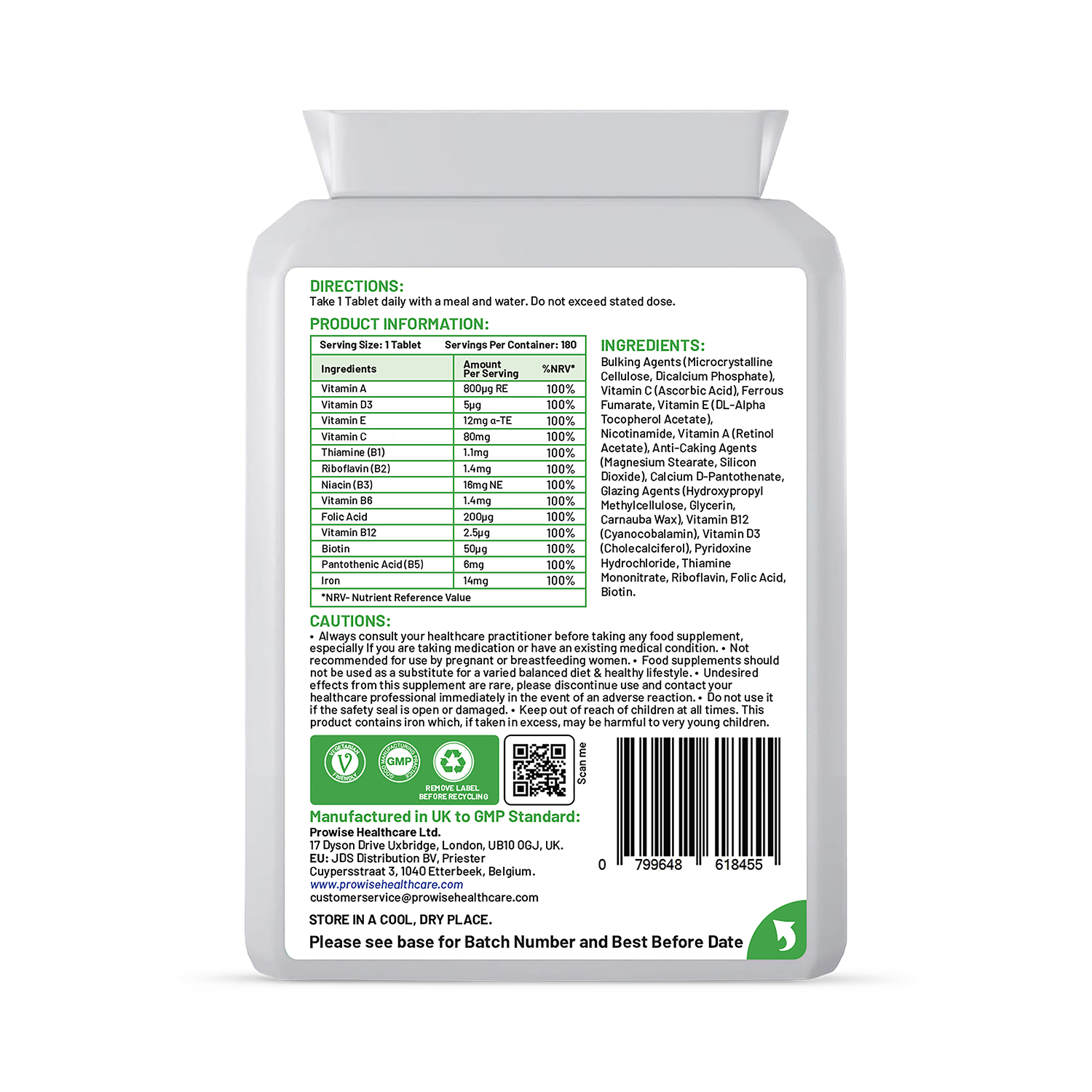 Prowise Healthcare multivitamin with iron supplement 180 tablets, imported from the UK