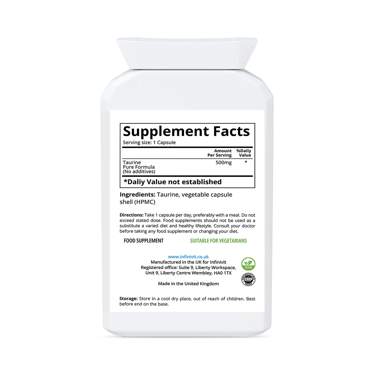 InfiniVit Taurine 500mg capsules 120 count (British brand)