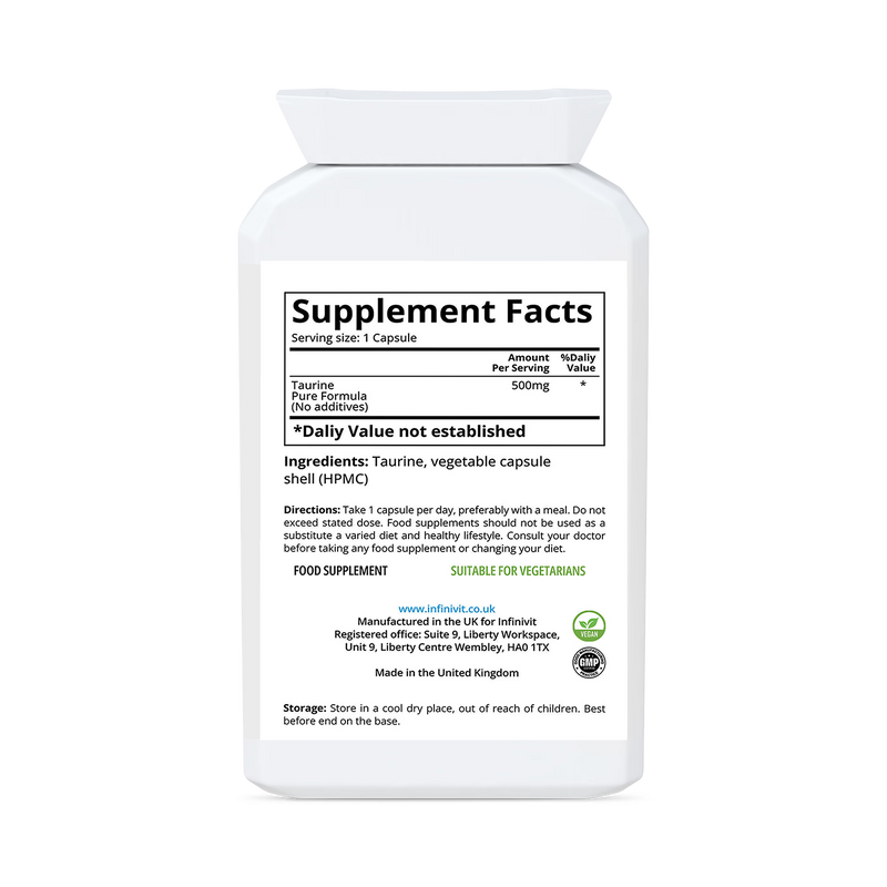InfiniVit Taurine 500mg capsules 120 count (British brand)