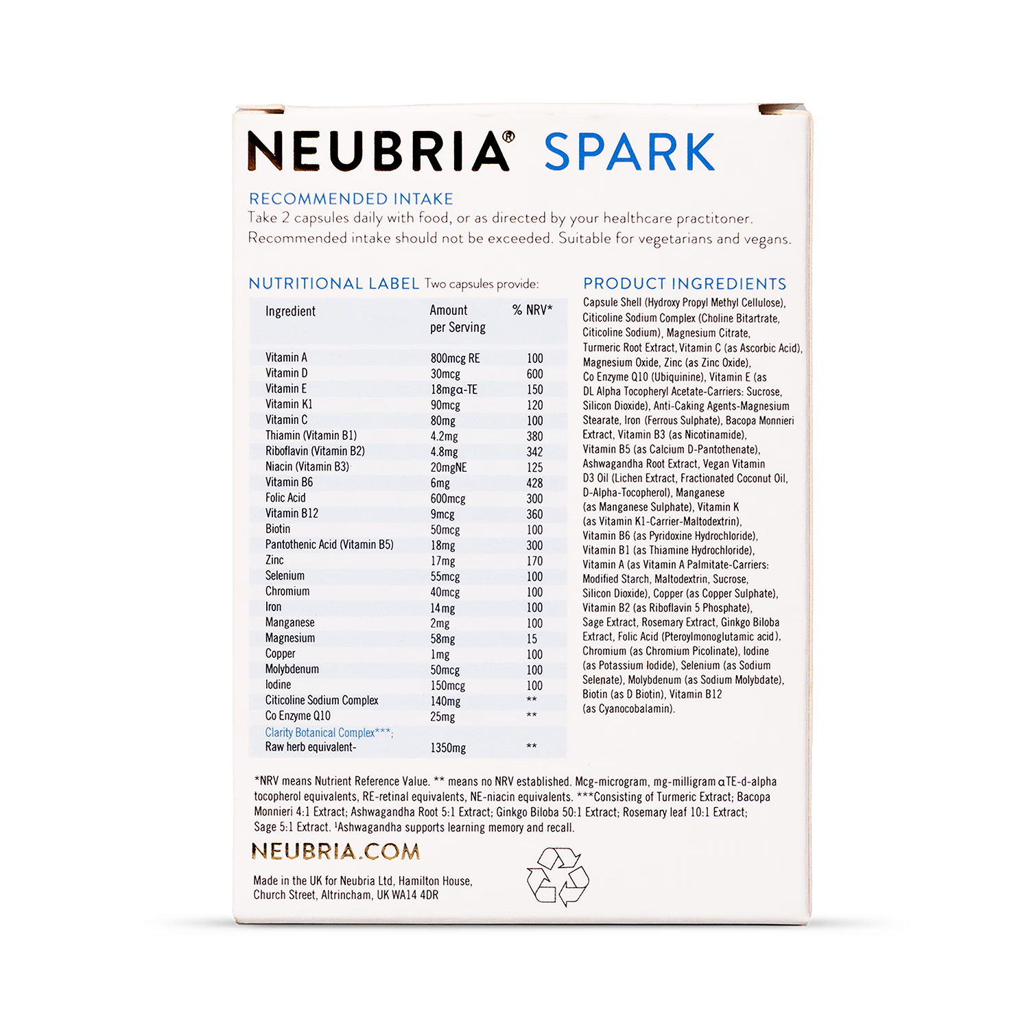 Neubria Spark memory supplement with nootropics - British product