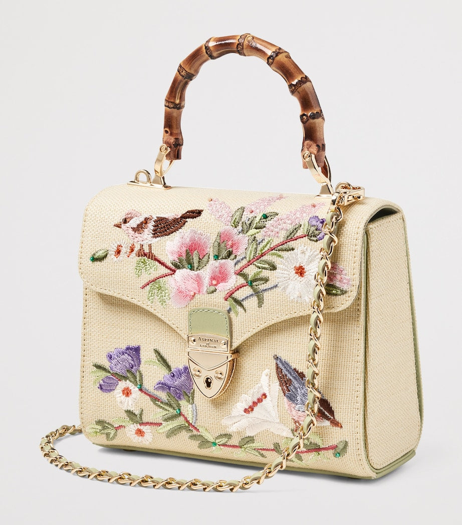 Aspinal of London raffia floral embroidery Mayfair bag, imported from the UK