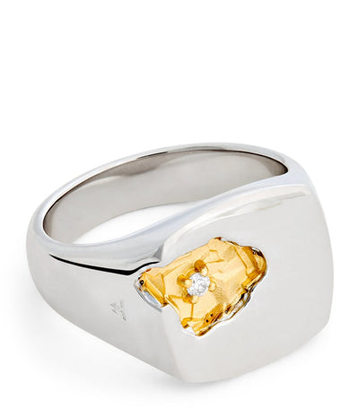 Harrods Tom Wood Large Sterling Silver Gold and Diamond Mined Ring- Buy online at McGrocer