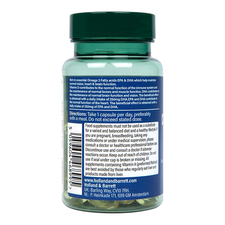 Holland & Barrett Pure Cod Liver Oil 1000mg 120 Capsules Omega 3 Supplements & Fish Oils Holland&Barrett   