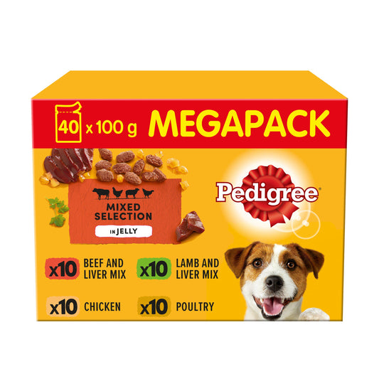 Pedigree Adult Wet Dog Food Pouches Mixed In Jelly Mega Pack 40x100g Dog Food & Accessories Sainsburys   