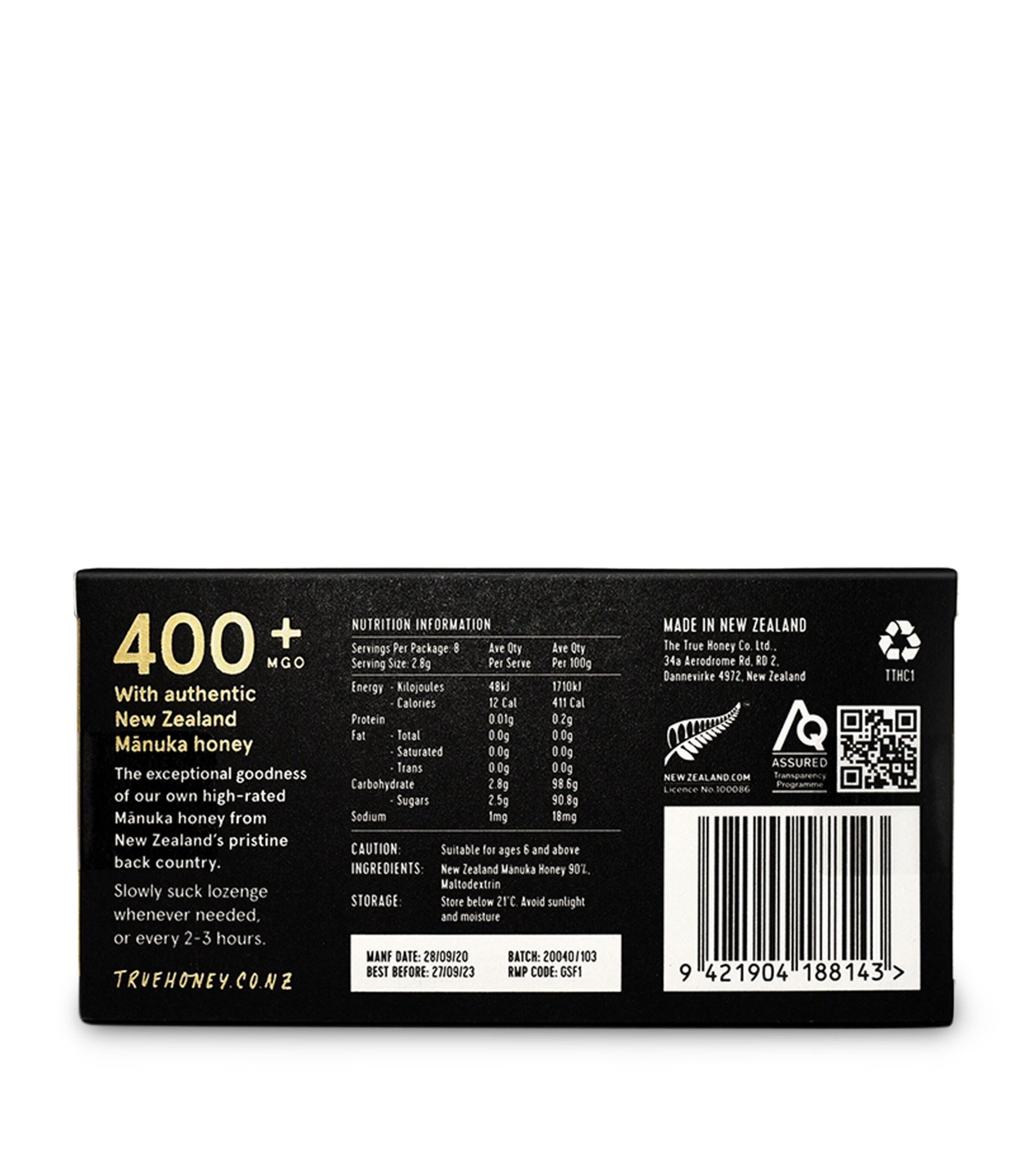 The True Honey Co Manuka honey lozenges 400+ MGO 8 x 2.8g (British brand)