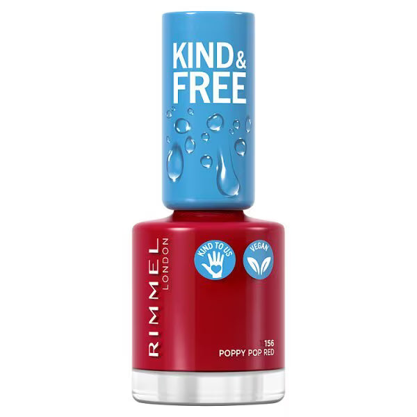 Rimmel Kind & Free Clean Nail Polish Poppy Pop Red, imported from the UK