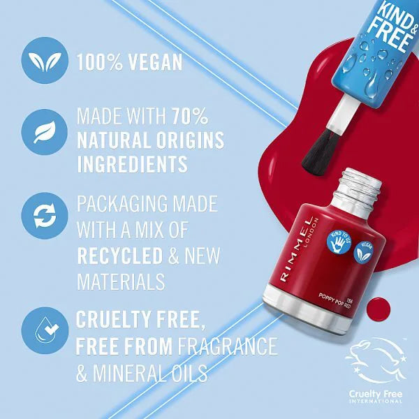 Rimmel Kind & Free Clean Nail Polish Poppy Pop Red, imported from the UK