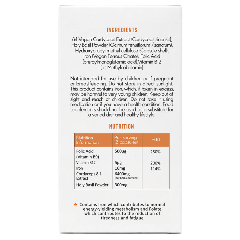 Grass & Co ENERGY Cordyceps mushroom supplement 60 capsules, imported from the UK
