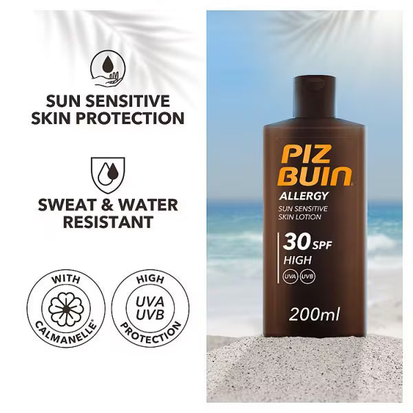 Piz Buin sun cream sensitive skin lotion 200ml , UK version