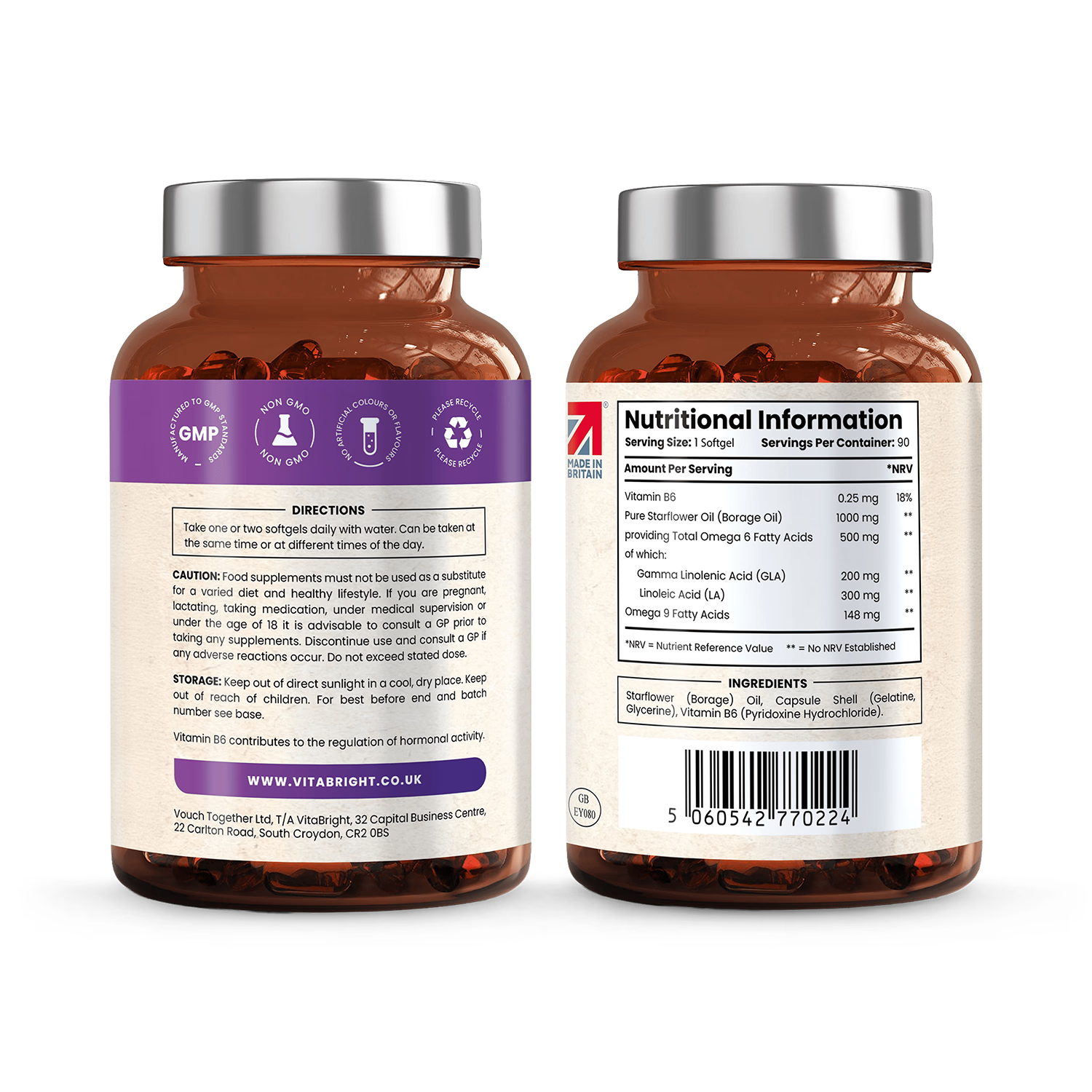 VitaBright starflower oil supplement with vitamin B6 1000mg 90 softgels (British brand)