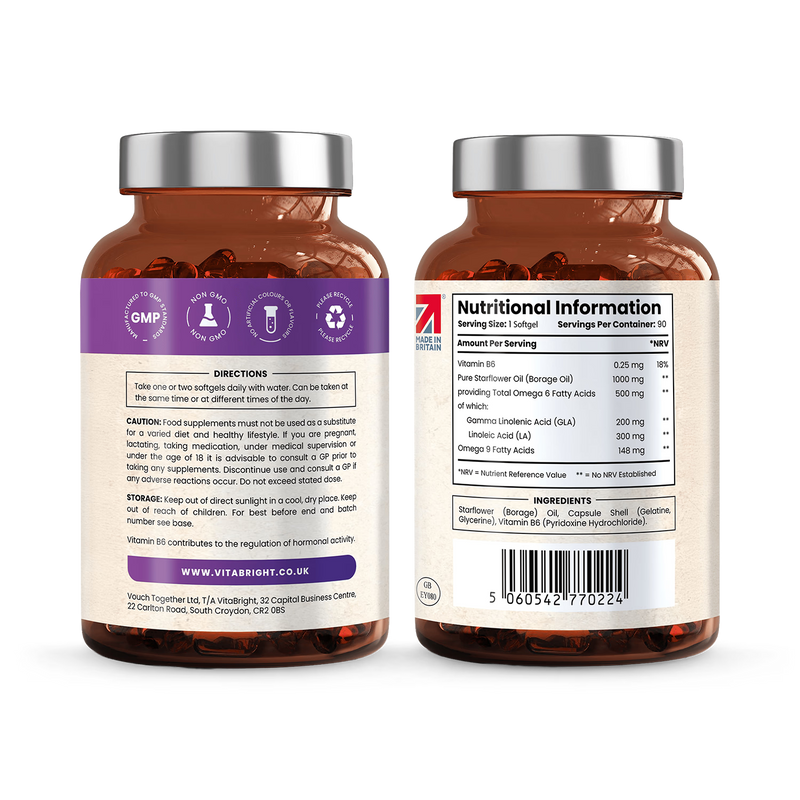 VitaBright starflower oil supplement with vitamin B6 1000mg 90 softgels (British brand)