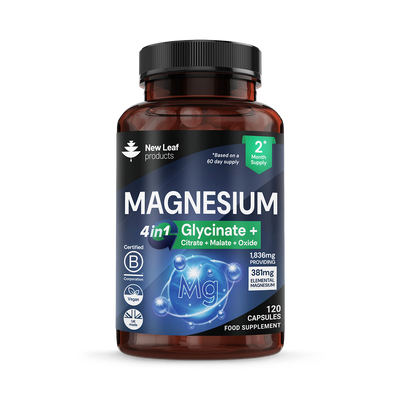 Holland & Barrett New Leaf Products Magnesium Complex 4-in-1 Glycinate, Citrate, Malate, Oxide Dietary Supplement, 120 Capsules- Buy online at McGrocer